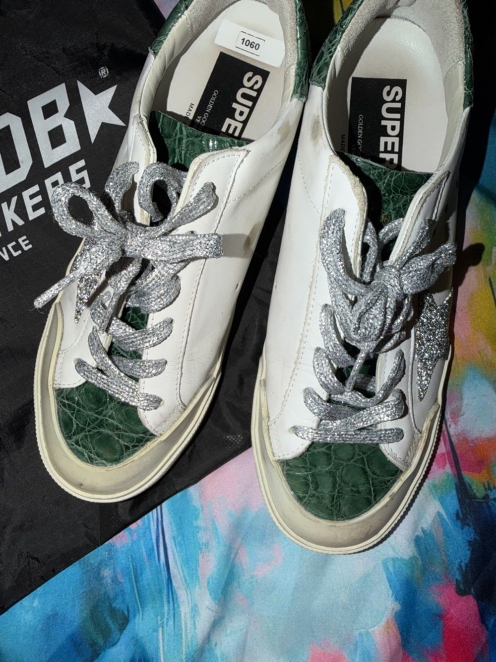 Golden Goose Swarovski Crystal and Green Crocodile Superstar Sneaker Tennis Shoe - Picture 4 of 13